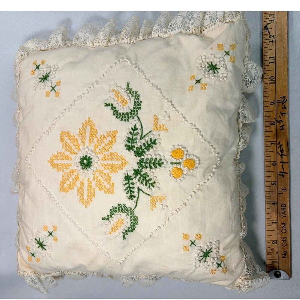 Vintage Handmade Embroidered Floral Lace Trim Throw Pillow Cottagecore Cream